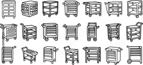 Industrial Workshop Carts and Storage Cabinets Line Art Icon Set. Black and White Outline Illustrations of Utility Trolleys and Tool Chests for Automotive Maintenance.