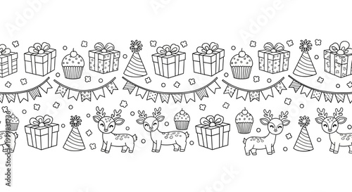 Seamless Hand Drawn Christmas Pattern with Reindeer and Gifts.
