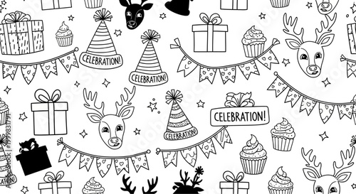 Hand Drawn Festive Celebration Pattern with Deer and Gifts.