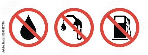 No fuel and no petrol pump vector icon set featuring prohibition symbols for gasoline, diesel, oil, and fuel station restriction signage design