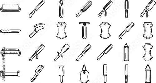 Leatherworking Craft Tools Black and White Line Art Vector Icons: Skiving Knives, Punches, Paddles, and Leather Shapes Collection