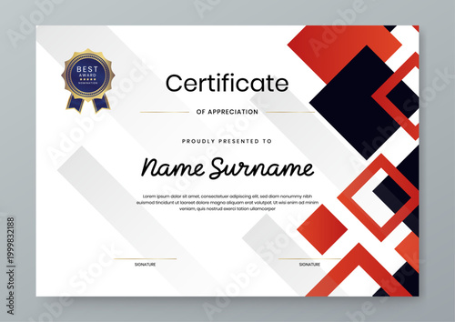 Modern landscape certificate template with overlapping red and black square elements for achievements