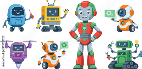 Obraz na plátně Set of cute cartoon robot characters featuring friendly artificial intelligence droids and futuristic cyborg mascots for technology education kids coding and science project vector