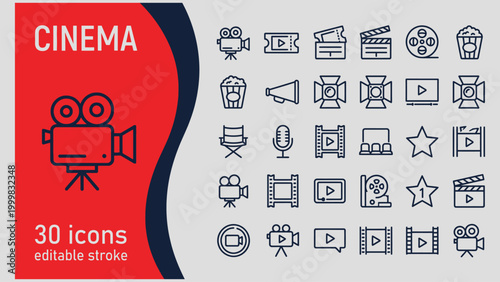 Collection of cinema themed icons representing filmmaking entertainment and production with classic and modern movie elements