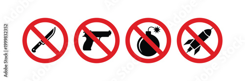 No weapons allowed sign vector set featuring prohibition symbols for safety warning, security regulation, and restricted area signage design