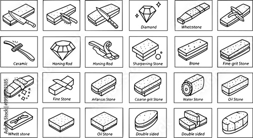 Obraz na plátně Black and White Line Art Icons of Knife Sharpening Tools and Stones