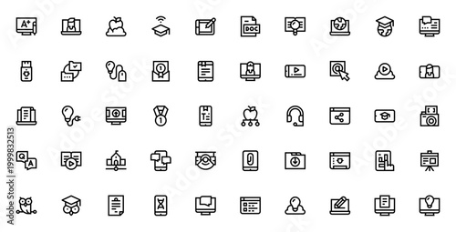 Digital Learning icon set. Editable vector icons for online education, e-learning, video call, laptop, knowledge, tablet, presentation, and more.