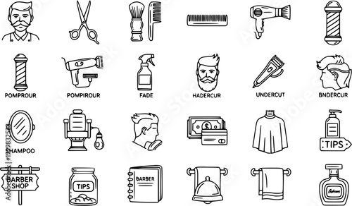 Barber Shop Icon Set: Black and White Line Art for Hairdressing Services