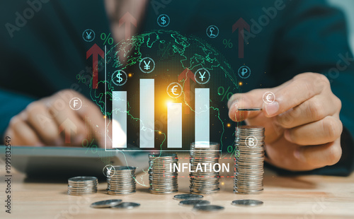 Global inflation and financial crisis concept. Businessman stacking coins with rising arrow, globe, and currency symbols representing economic growth and price increase.