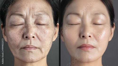 Aging Skin Transformation: Before and After Treatment Comparison, Wrinkles Reduced, Smooth Complexion