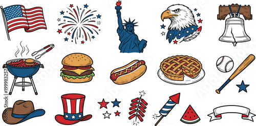 Vintage hand drawn patriotic American icons set with flags liberty bell eagle BBQ food and fireworks for July 4th Independence Day celebration design vector.