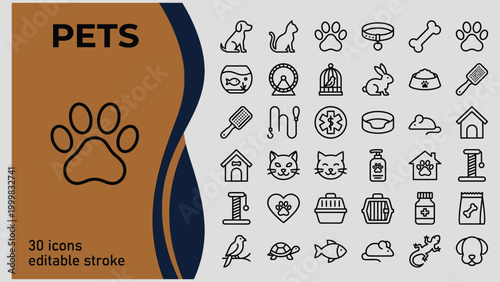 Collection of diverse line art icons representing various pets and pet care items with editable strokes on a light gray background