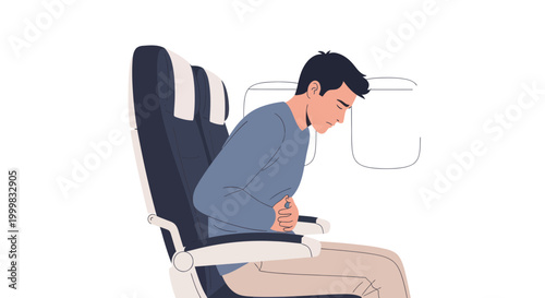 Man with stomach ache on airplane seat, motion sickness, travel discomfort