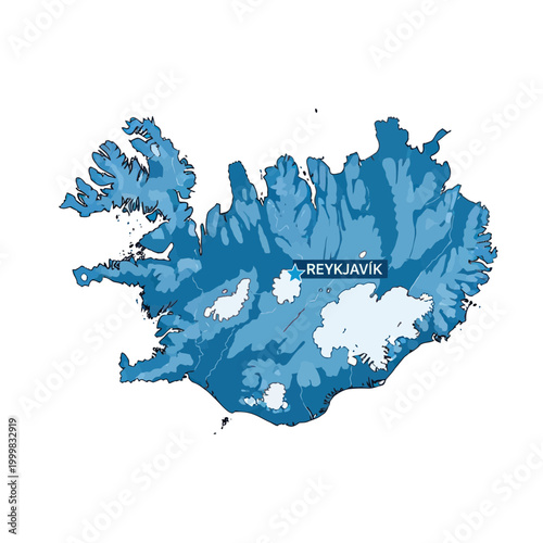 Map of Iceland with Reykjavik highlighted, blue shades, isolated on white