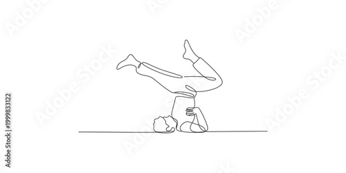 Continuous line drawing of a person doing a handstand on a white background with one leg bent