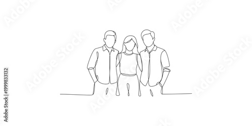 Continuous line drawing of a group of three young adults standing together in a row