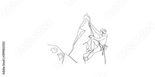 A line drawing of a man climbing a steep cliff face with ropes and climbing gear