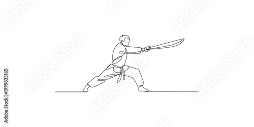 A man in a martial arts uniform is depicted in a dynamic stance, wielding a sword with precision and skill in a single continuous line drawing