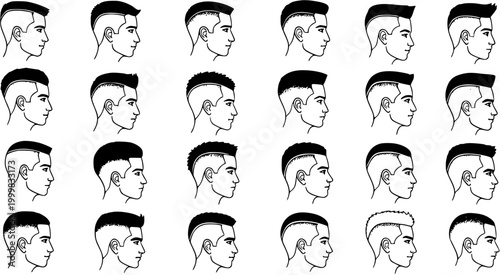 Men's Hairstyles Line Art Collection: Diverse Fade and Undercut Haircuts. Black and White Vector Illustration for Grooming, Barbershop, and Fashion Design.
