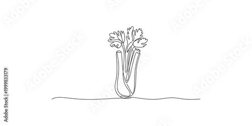 A black and white line drawing of a bunch of celery stalks with leaves on top