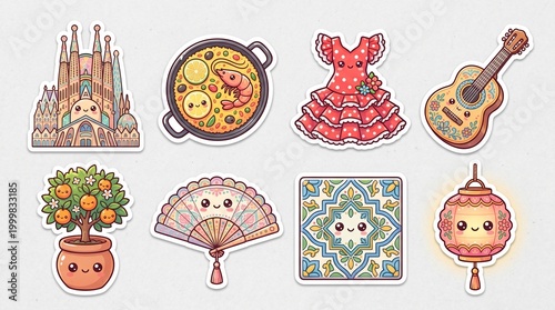 Cute spanish culture stickers featuring flamenco, sagrada familia, paella, and traditional symbols