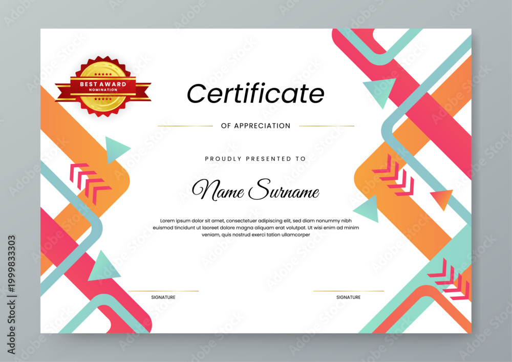 Obraz premium Landscape award certificate featuring dynamic red and orange abstract geometric shapes on white background