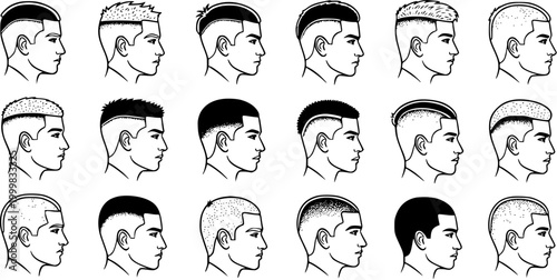 Collection of Modern Male Hairstyles and Haircuts in Black and White Line Art Illustration Style for Men's Grooming, Barber, and Fashion Industry