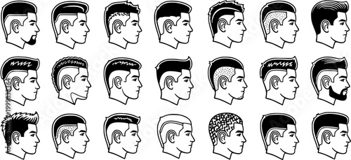 Men's Hairstyles and Haircuts Vector Set: Black and White Line Art for Barber Shops, Grooming, and Fashion Industry