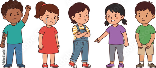 Angry and Sad Children Vector Illustration Set Showing Kids Expressing Emotions, Conflict, and Behavior for Education, Parenting, Mental Health, and Social Concepts