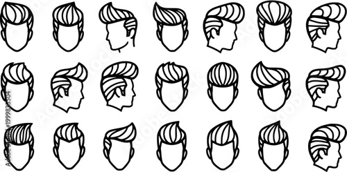 Black and White Line Art Icons of Men's Hairstyles, Vintage Haircuts for Barber Shop Design