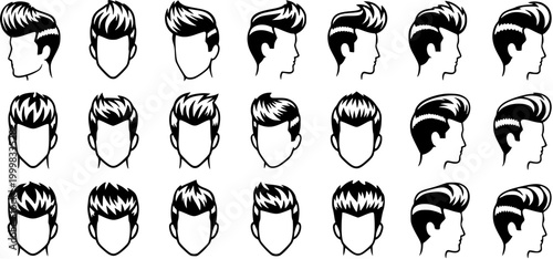 Classic Men's Hairstyles Vector Line Art Icons. Set of Pompadour Haircuts for Barber Shop, Fashion, and Men's Personal Care Industry Branding.