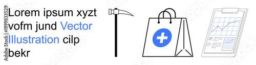 Healthcare, data analytics, shopping, medical services, digital technology, health monitoring. Shopping bag with health icon, pickaxe and analytics chart. Healthcare and data analytics concept