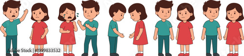 Children Conflict and Friendship Vector Illustration Set Showing Kids Arguing, Crying, Apologizing, and Making Peace for Education, Parenting, and Social Behavior Concepts