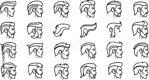Black and White Line Art Icons of Men's Hairstyles and Beards, Vector Collection
