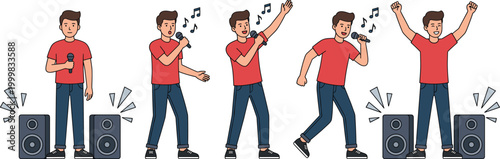 Teen Boy Singing and Performing with Microphone Vector Illustration Set Showing Music, Dance, and Stage Entertainment Activity for Concert and Party Designs