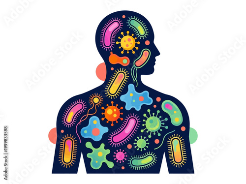 Human Microbiome Illustration: Colorful Bacteria and Microorganisms Inside Human Silhouette for Gut Health and Immunity Concepts