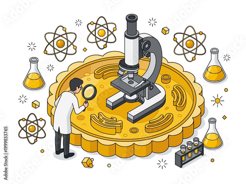 Isometric Science Lab Illustration with Scientist Examining Cell Structure Using Microscope and Laboratory Equipment