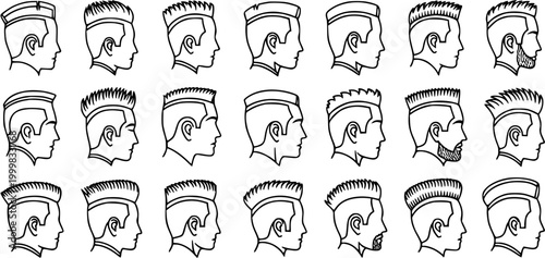 Black and White Line Art Vector Set: Modern Men's Hairstyles, Haircuts, Fades, and Undercuts - Ideal for Barber Shops, Fashion, and Beauty Industry