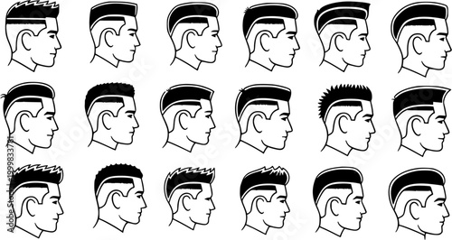 Black and White Line Art Illustration of Men's Hairstyles, Side Profile, Vector