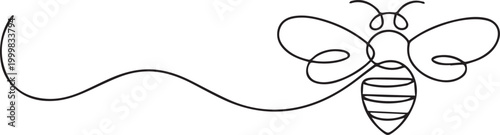 A minimalist line drawing of a flying bee with a wavy trail