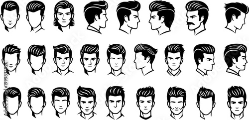 Black and White Line Art Collection of Men's Hairstyles, Male Haircuts and Styles, Vector Icons