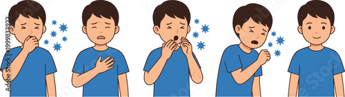 Sick Boy Coughing and Sneezing Vector Illustration Set Showing Flu Symptoms, Illness, and Health Condition for Medical, Healthcare, and Awareness Designs