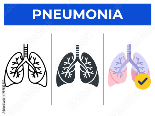 Human Lungs Pneumonia Icon Set in Outline, Solid, and Flat Styles
