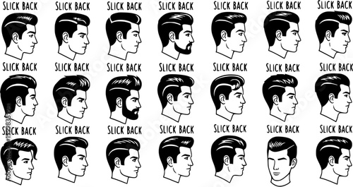 Vector Black and White Line Art of Various Slick Back Hairstyles for Men