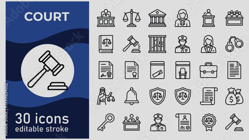 Collection of line icons related to law and justice with editable stroke on gray background