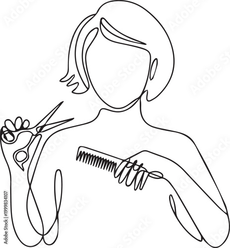 Continuous line drawing of a woman cutting her own hair with scissors and comb