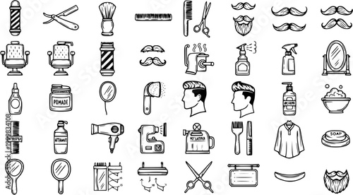 Black and White Line Art Icons of Barber Shop Tools and Hair Styling Equipment