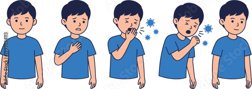 Sick Boy Showing Flu Symptoms Vector Illustration Set Featuring Coughing, Sneezing, and Illness Stages for Healthcare, Medical Awareness, and Hygiene Concepts