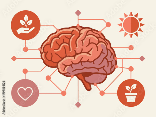Conceptual Human Brain Illustration for Mental Health, Wellness, and Cognitive Growth with Connection Icons for Psychology and Self-Care