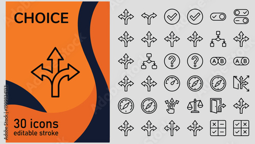 Collection of line icons representing decision making processes and path choices symbolizing different directions and options available
